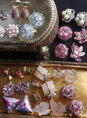 欧美复古中古董粉色西德Trifari老琉璃WEISS耳夹SARAHCOV耳环孤品