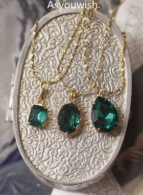 新绿|欧美回流进口老货莱茵石祖母绿中古董水滴吊坠银镀金项链女