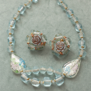 如意Beading08原创设计欧美玫瑰琉璃中古耳夹耳环项链套装vintage