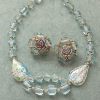 原创欧美玫瑰琉璃耳饰项链套装