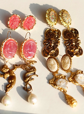 原创法式粉色老琉璃vintage中古复古董ASKEW LONDON风格耳环耳夹