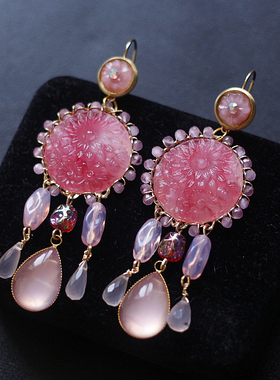 荔枝冻|欧美中古樱花粉仿玉老琉璃askew london风Vintage耳环耳夹