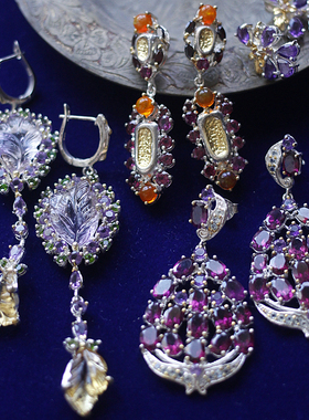 Asuw海外设计师原创天然紫水晶欧泊沙弗莱艺术珠宝925银镀金耳环