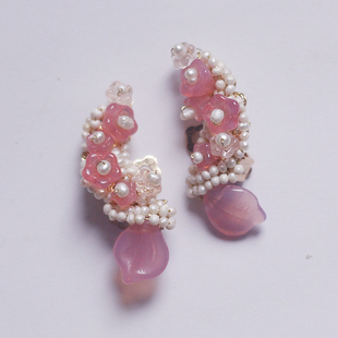 如意Beading02原创设计西德粉色樱花琉璃中古珍珠耳环耳夹vintage
