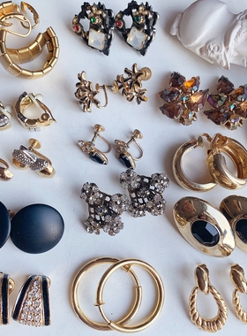 欧美复古中古董孤品优雅老琉璃澳钻莱茵石Trifari耳夹耳环vintage