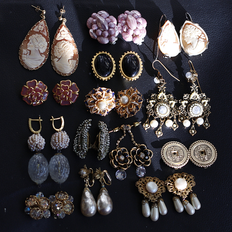 欧美巴黎粉老琉璃人像cameo卡梅奥山茶花中古孤品耳夹耳环vintage