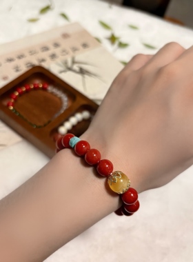 天然南红带橙色调配琥珀绿松石手串链五行补火提运势招贵人27