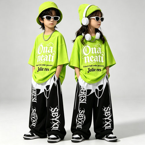 街舞儿童潮服短袖长裤嘻哈风套装工装裤男童hiphop少儿街舞服女孩