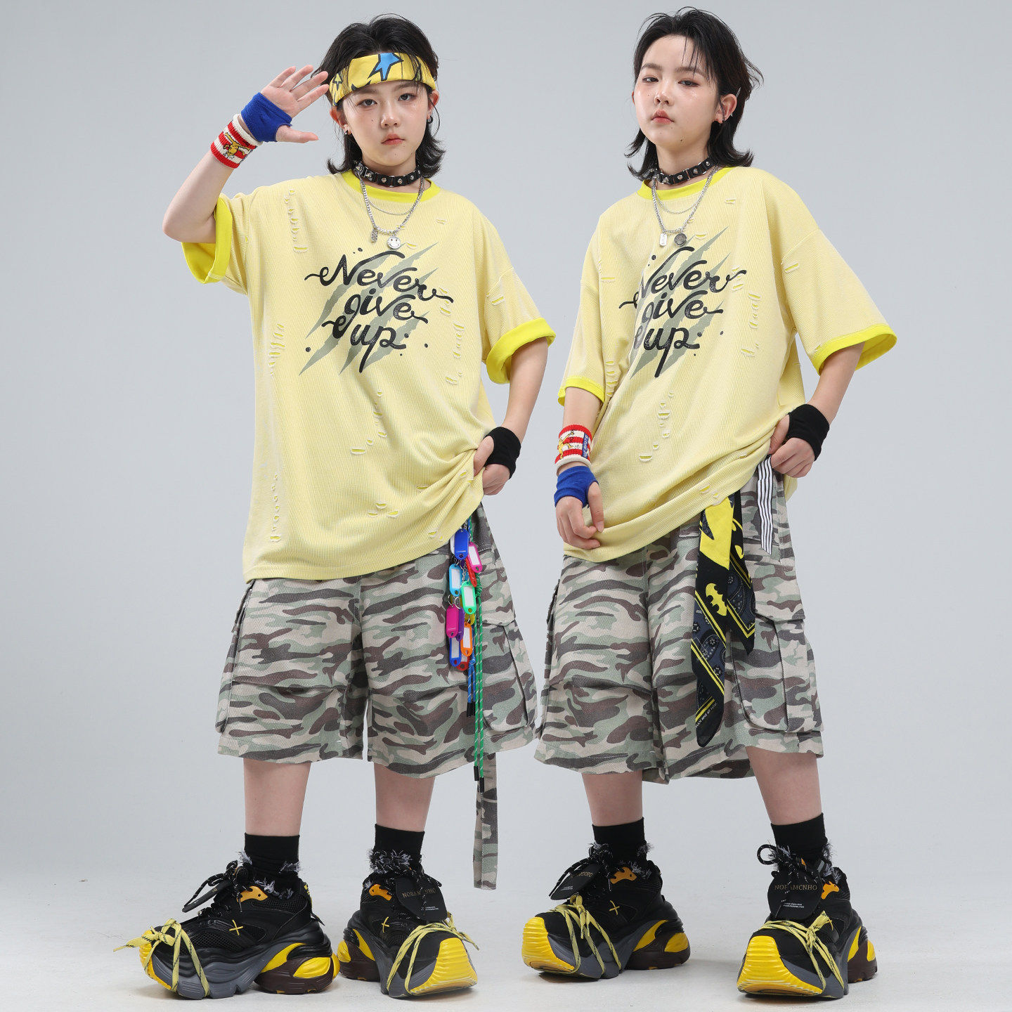 街舞儿童潮服嘻哈男童黄色破洞T恤迷彩裤套装hiphop男孩潮牌童装