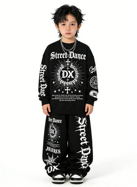 街舞儿童潮服黑色长袖长裤男孩子嘻哈风套装潮宝走秀架子鼓表演服