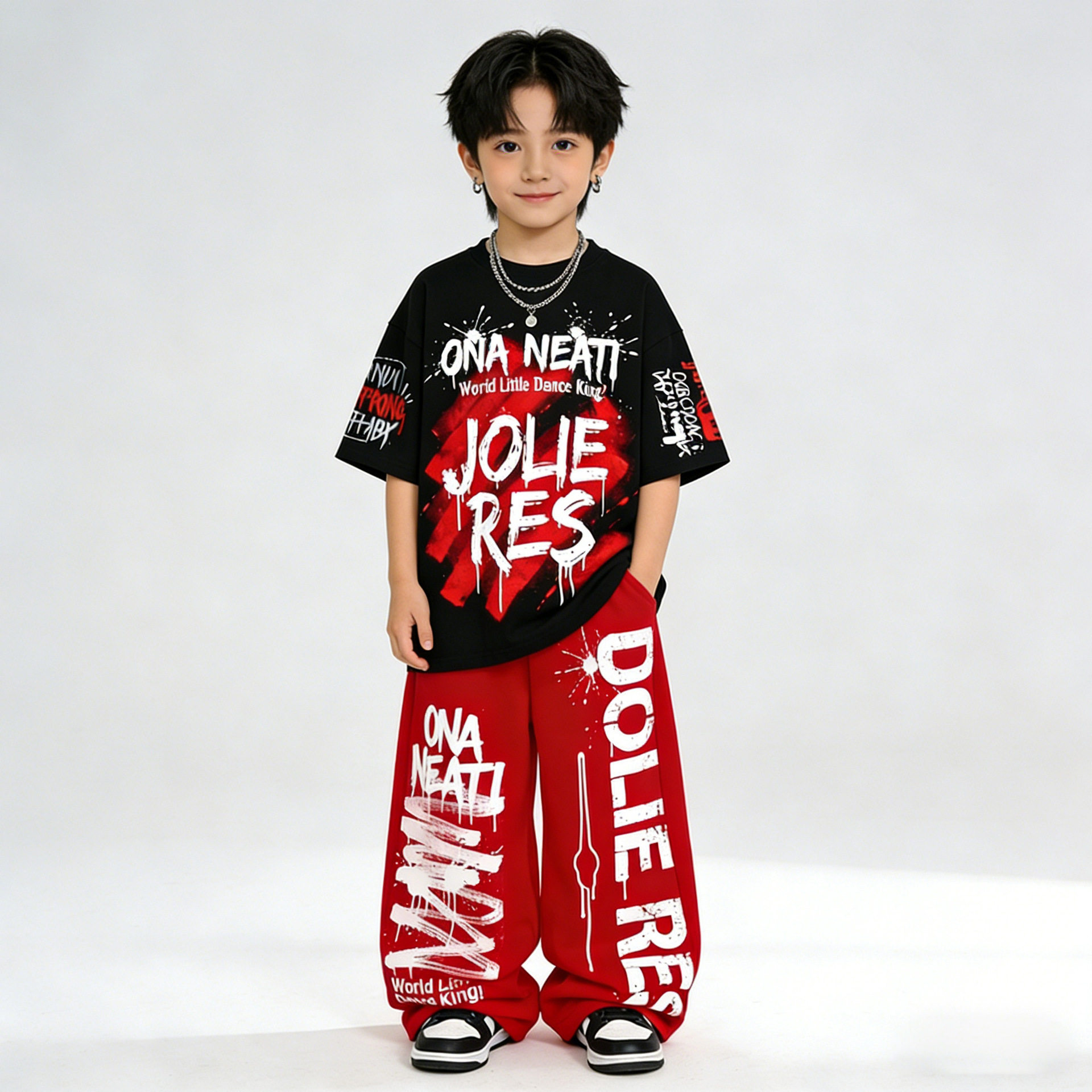 街舞儿童潮服短袖嘻哈风套装大红工装裤男童hiphop少儿街舞服女孩