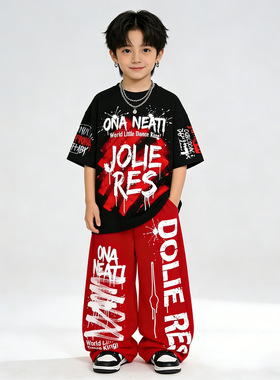 街舞儿童潮服短袖嘻哈风套装大红工装裤男童hiphop少儿街舞服女孩
