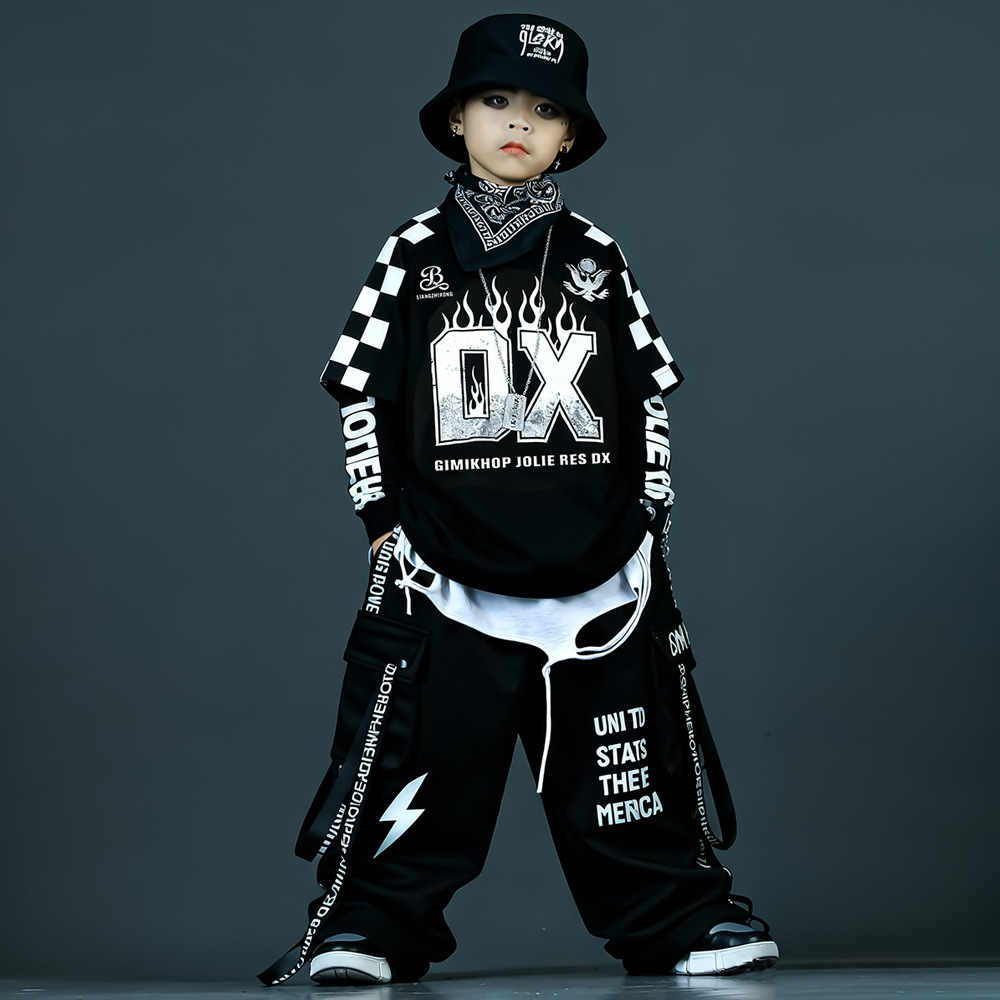 街舞儿童嘻哈宽松男童演出服hiphop潮牌女童套装少儿爵士舞表演服