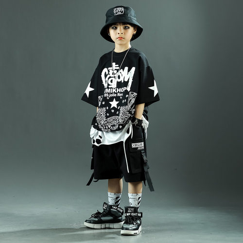 少儿街舞潮服男孩夏季HIPHOP嘻哈服装爵士舞套装女孩宽松帅气T恤