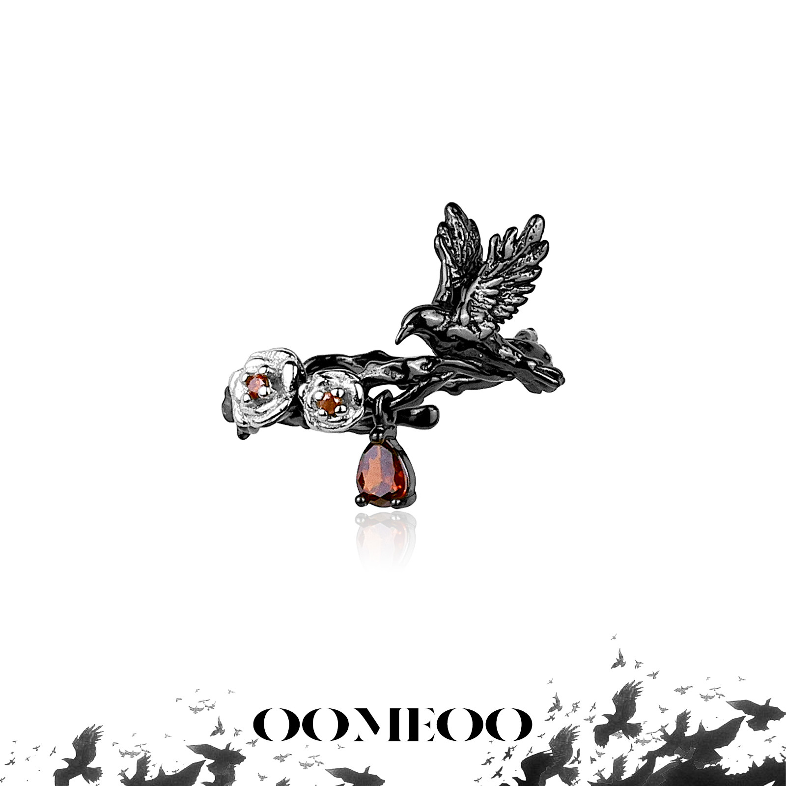 thumbnail for OOMEOO Night Raven Original Design Dark Gothic Style Ring Black Crow Open Ring Personality Couple Qin Che