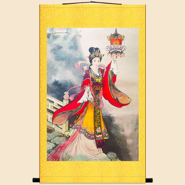 宝莲灯华山三圣母神像画卷轴挂画 神话故事人物画像 绢布装饰画