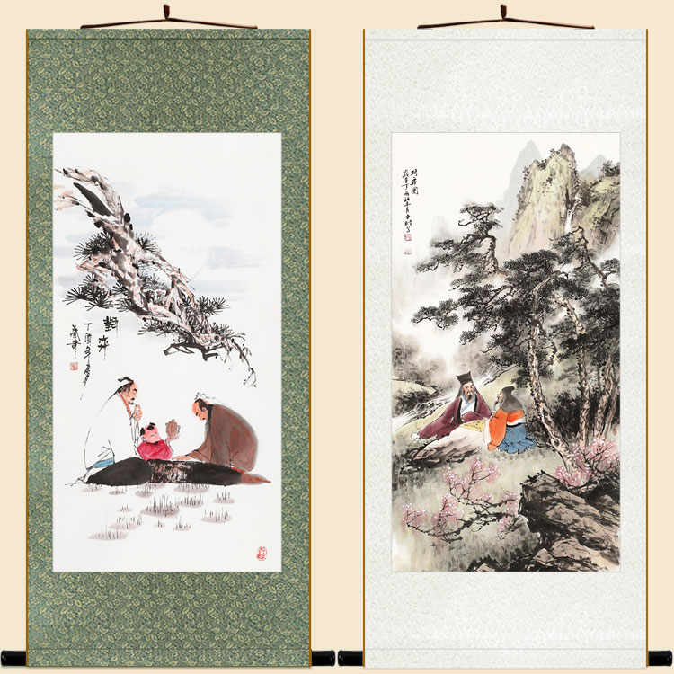 下棋对弈图围棋卷轴挂画装饰画