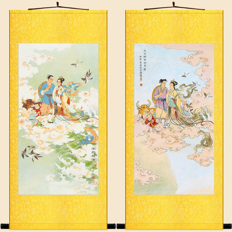 牛郎织女相会图 七夕节复古装饰画 仙女神仙中式绢布卷轴挂画定制