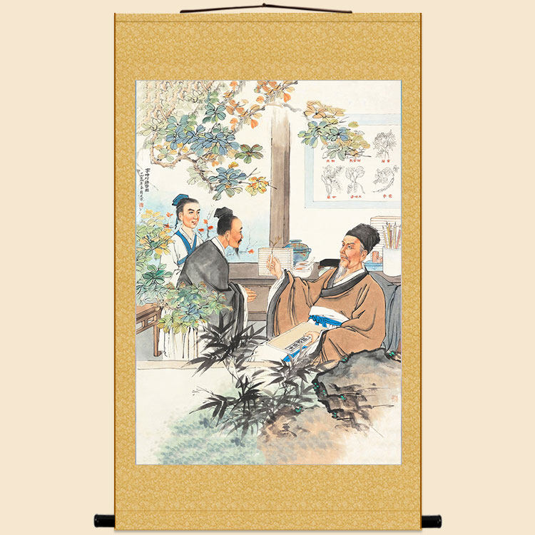 李时珍讲学图 古代历史人物画像 绢布卷轴挂画复古中式装饰画定制