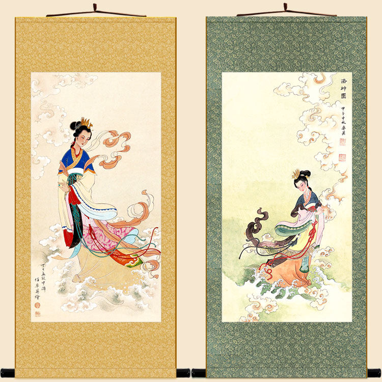 洛神图 洛水女神宓妃神像画 任率英人物画像 中式卷轴挂画装饰画