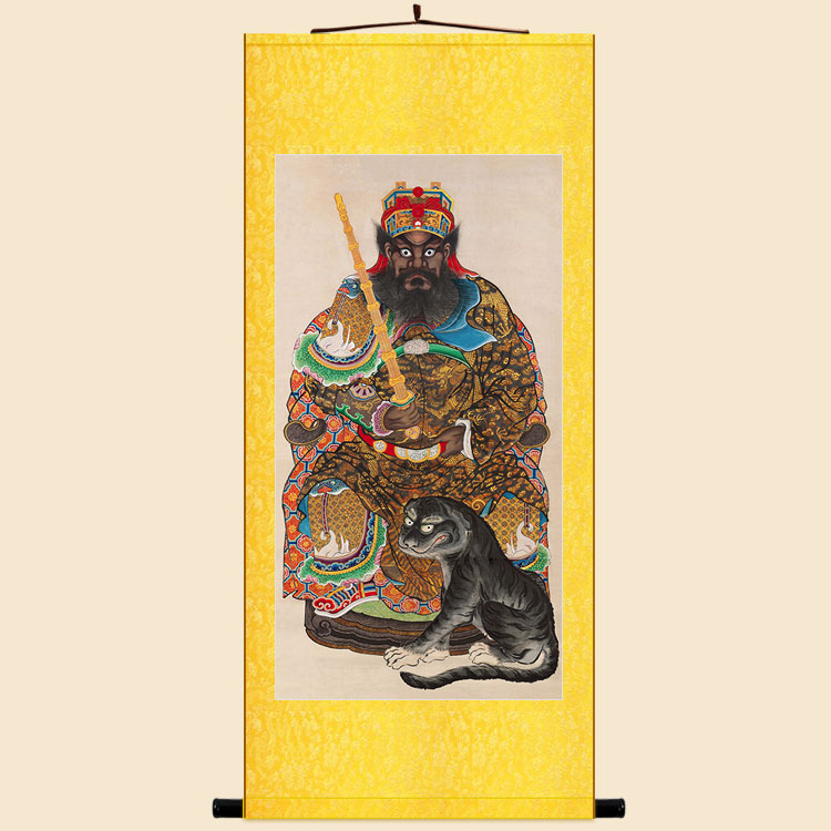 黑虎赵公明武财神画像  复古神像画装饰画绢布材质卷轴挂画丝绸画
