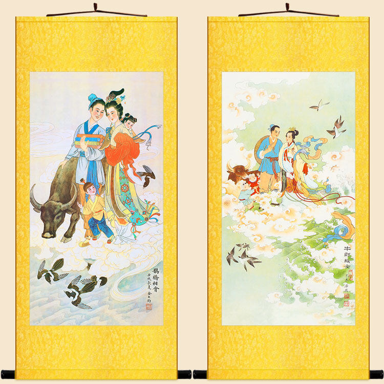 牛郎织女相会图 七夕节神话故事复古装饰画 中式绢布卷轴挂画定制