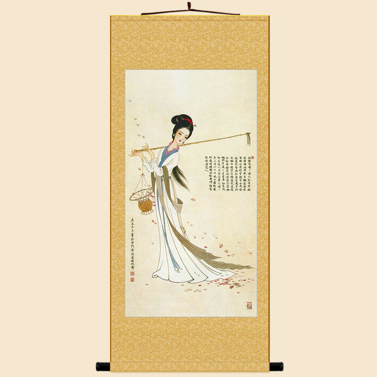 黛玉葬花图 红楼梦人物仕女画像挂画 绢布卷轴画中式复古装饰字画