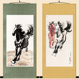 徐悲鸿平原奔马图 马到成功双马图骏马卷轴画挂画 书房客厅装饰画