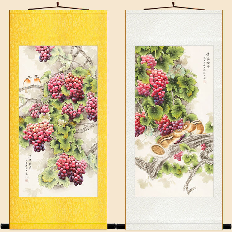 葡萄松鼠水果花鸟画 硕果累累图卷轴挂画 餐厅客厅装饰字画丝绸画