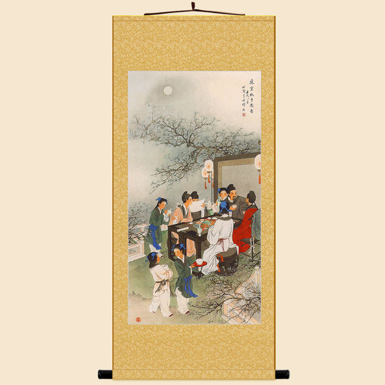 夜宴桃李园图 古代文人喝酒复古装饰画 酒文化绢布卷轴挂画丝绸画