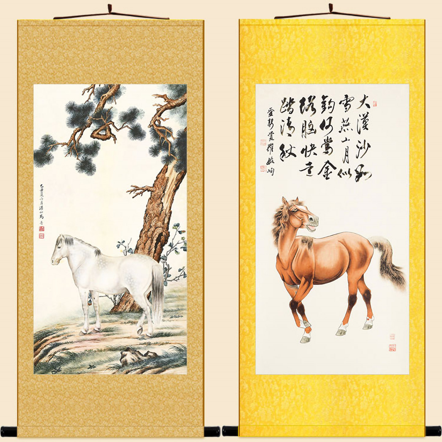 白马图 马晋动物画 马年绢布卷轴挂画 中式复古书房装饰字画定制