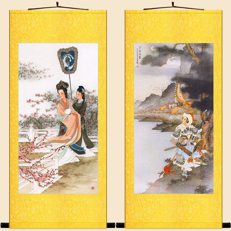 花木兰巡营图 梅妃神话故事仙女人物画像 复古装饰画绢布卷轴挂画