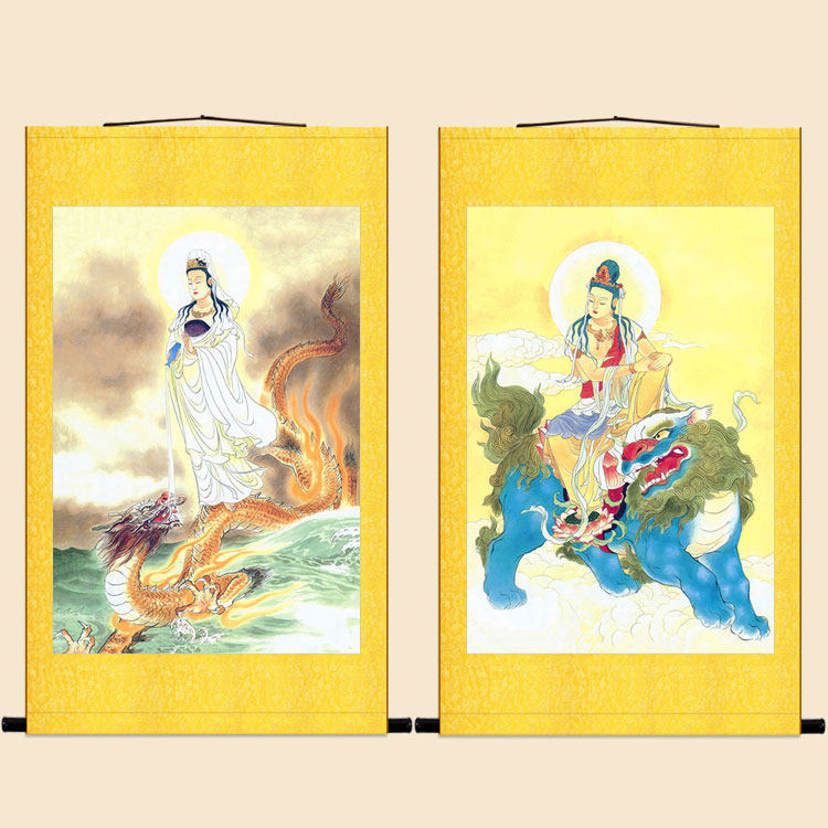 骑龙乘龙观音菩萨画像 龙头青狮观世音佛像画 佛堂装饰画卷轴挂画