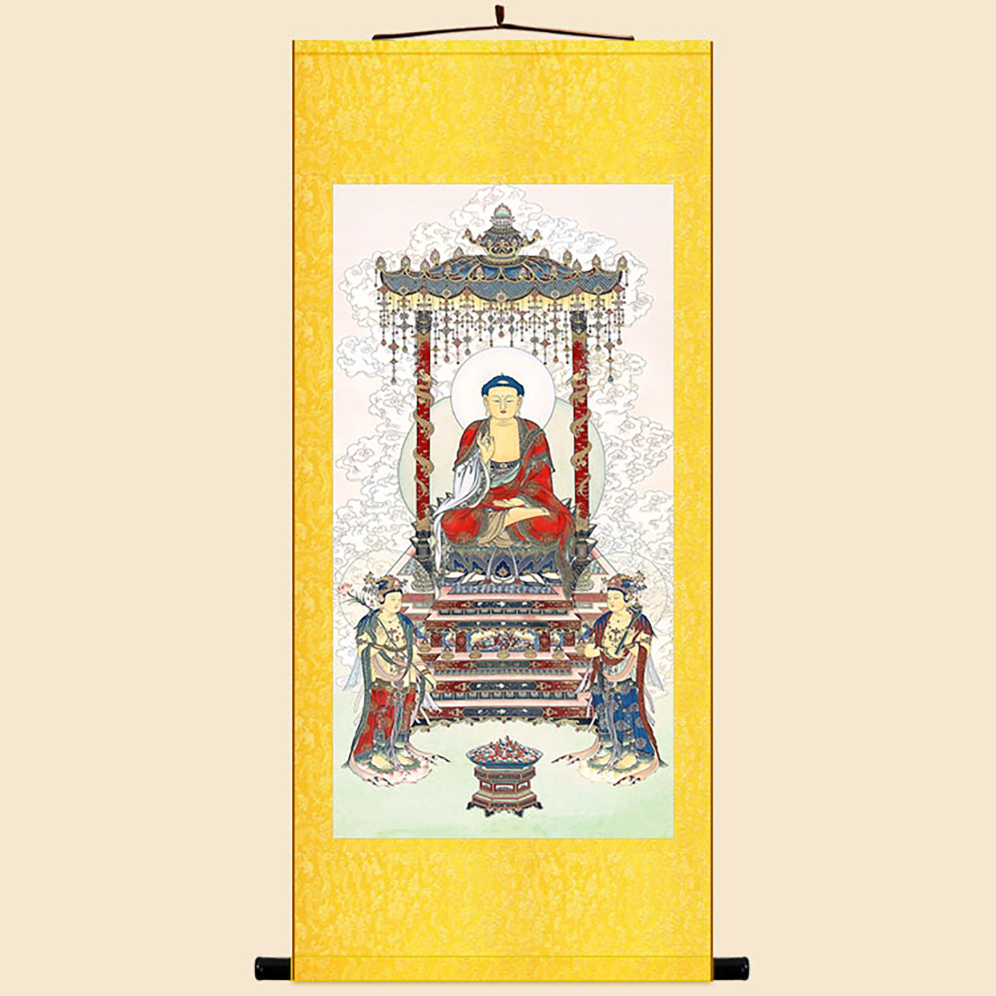 古画版 华严三圣画像 毗卢遮那佛文殊普贤菩萨卷轴挂画佛堂装饰画