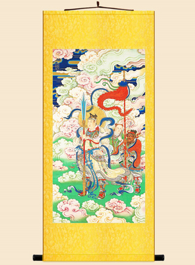 明清古画版 二郎神真君神像画水陆画 绢布卷轴挂画中式复古装饰画