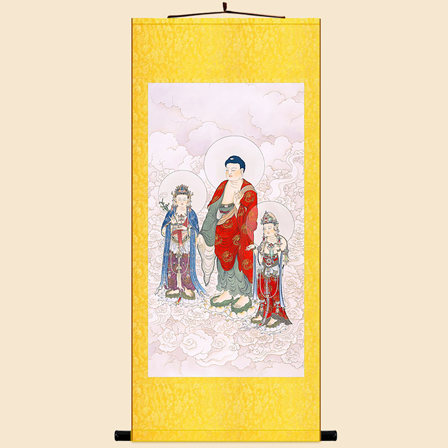 古画版 西方三圣接引画像 阿弥陀佛观世音菩萨卷轴挂画佛堂装饰画
