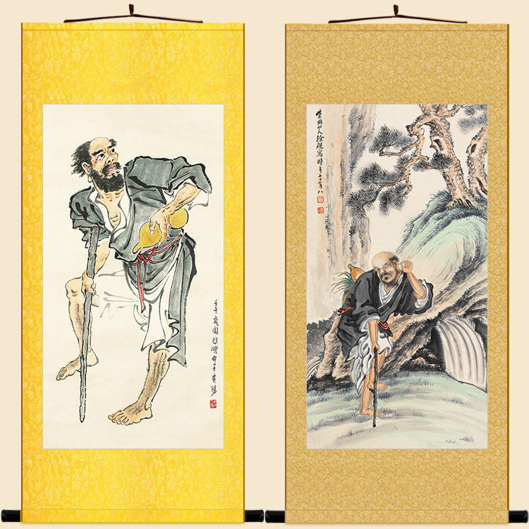 铁拐李画像 八仙李凝阳药王挖耳图神像画 复古人物卷轴挂画装饰画