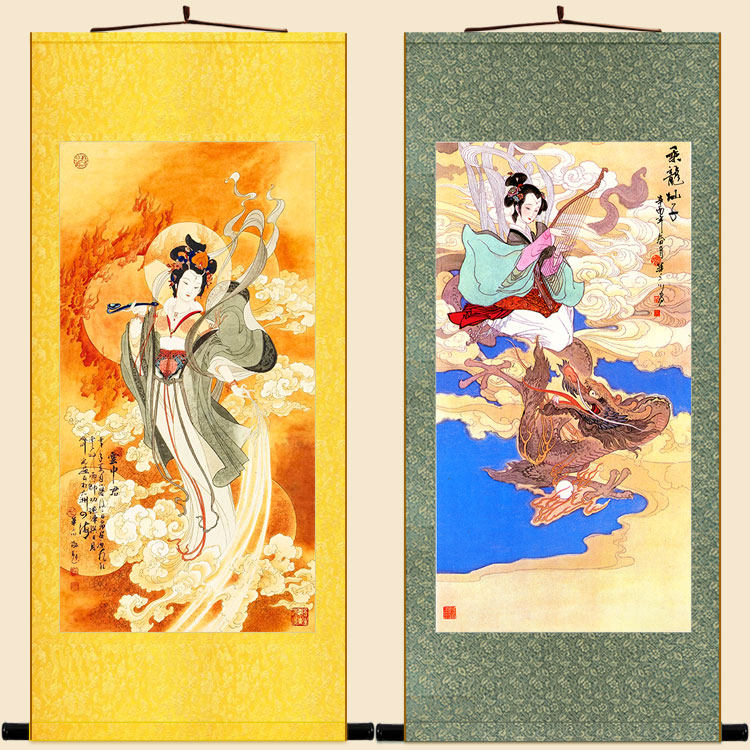 云中君仙女图 云神画像卷轴挂画 乘龙仙子丝绸画 复古书房装饰画