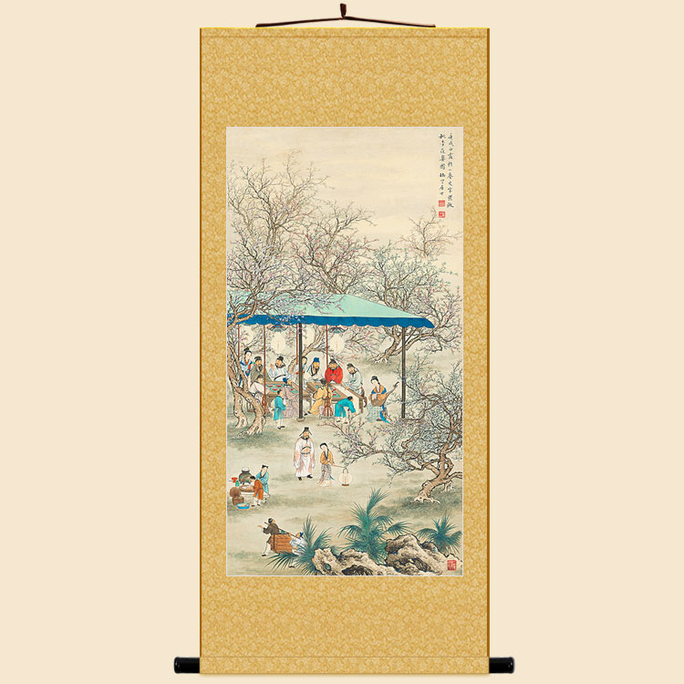 桃李夜宴图人物画像 古人酒文化复古书房装饰画 绢布卷轴挂画定制