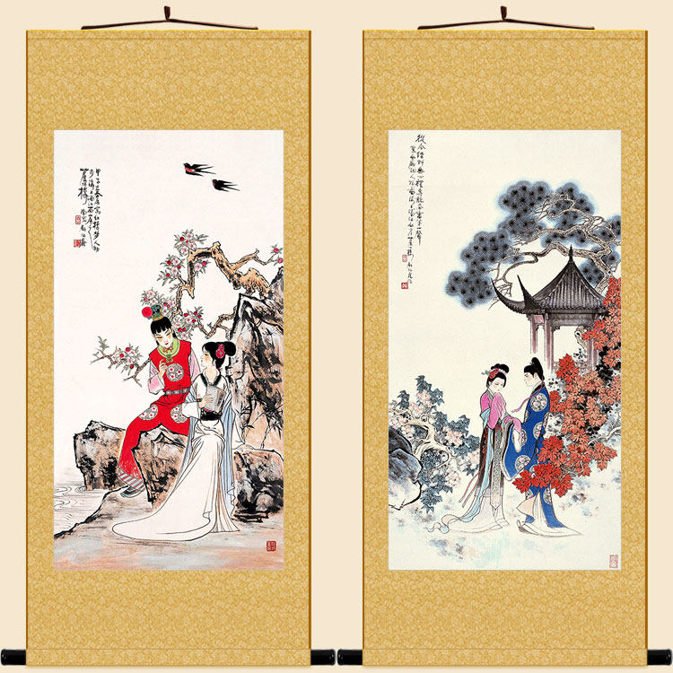 红楼梦西厢记人物画像 贾宝玉林黛玉卷轴挂画 中式装饰画定制订做