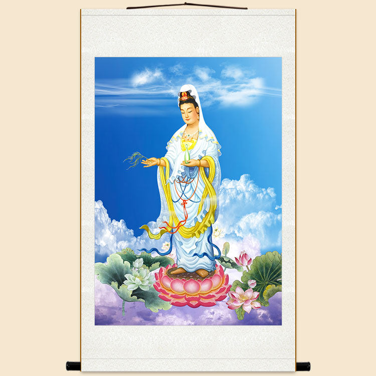 南海观世音菩萨画像图 白衣杨枝观音佛像画 佛堂家用卷轴挂画