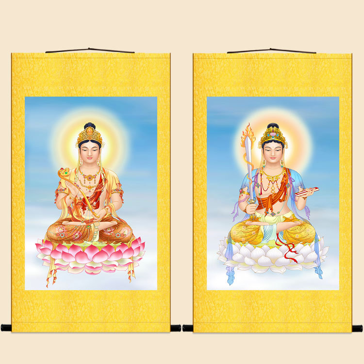 文殊普贤菩萨佛像画卷轴挂画 中式复古佛堂佛龛家用书房装饰画