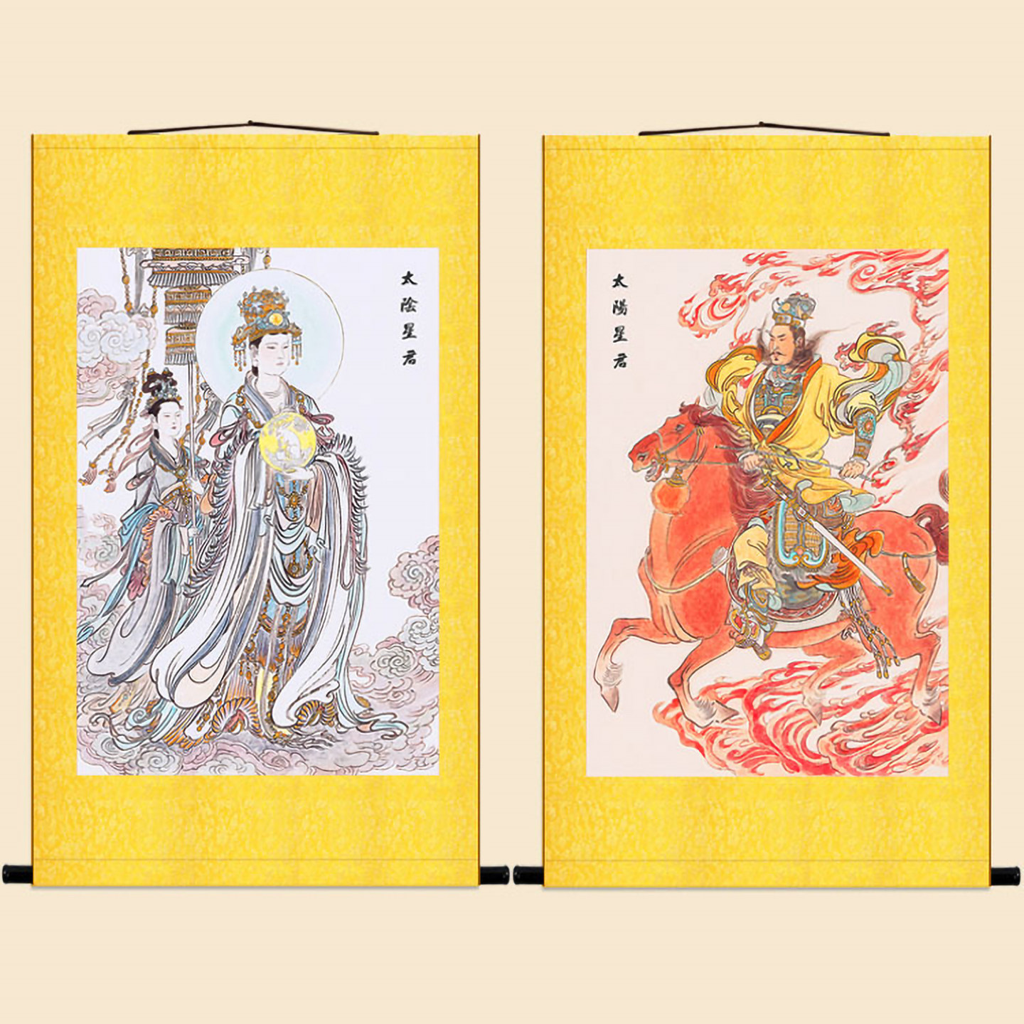太阳日宫星君 太阴月宫嫦娥仙子神像画卷轴挂画 中式复古装饰字画