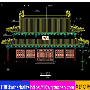 L1271七开间重檐二层仿古歇山顶钢筋混凝土大雄宝殿大殿CAD图纸