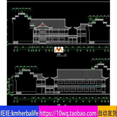 L347新徽派二层民居建筑图纸徽派马头墙徽派办公室楼建筑CAD图纸