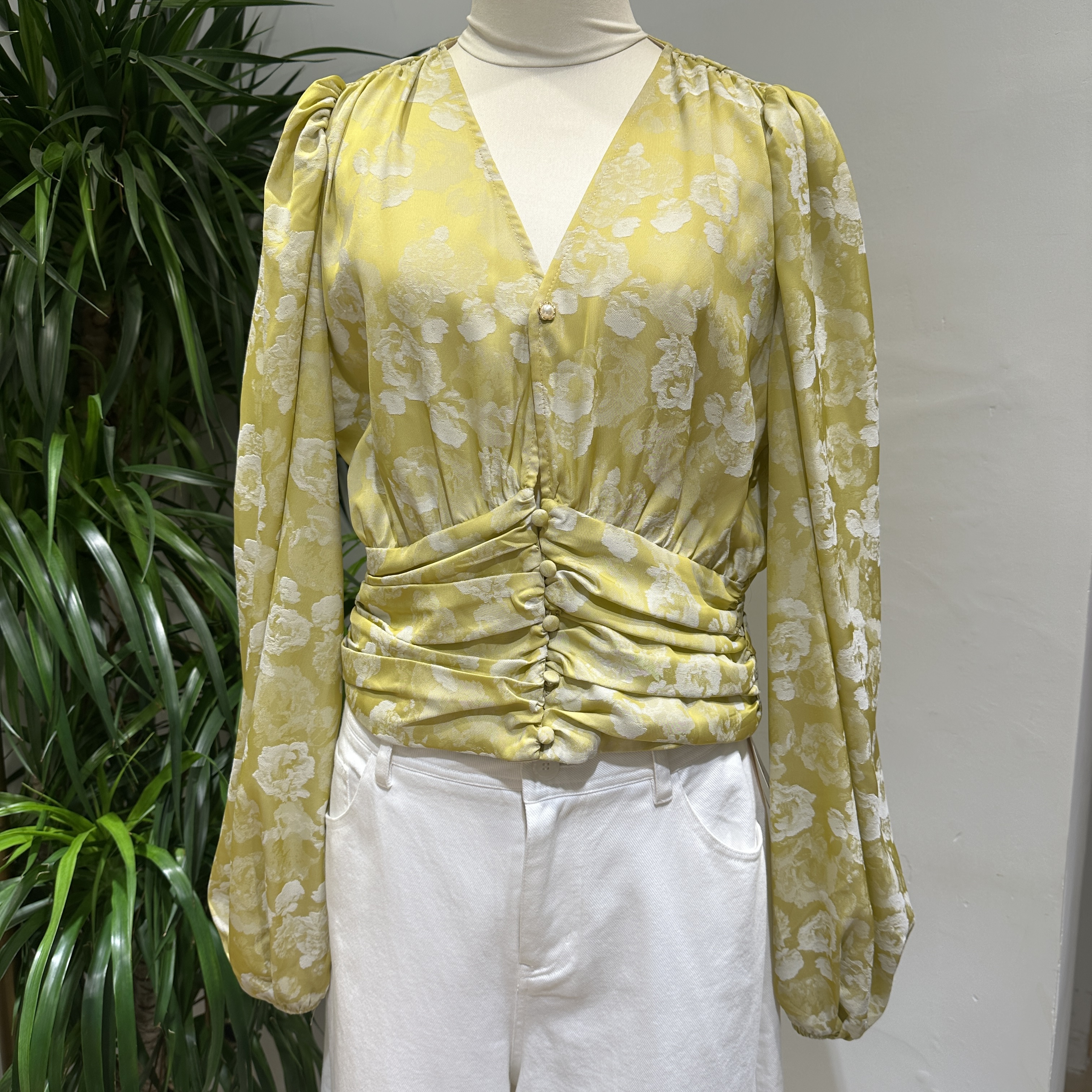 2025欧若风黄色气质时尚百搭短款缩褶法式衬衫修身显瘦提花春夏季