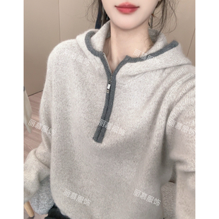 6038 高领半开拉链包边慵懒风针织连帽衫 高领拉链连帽衫