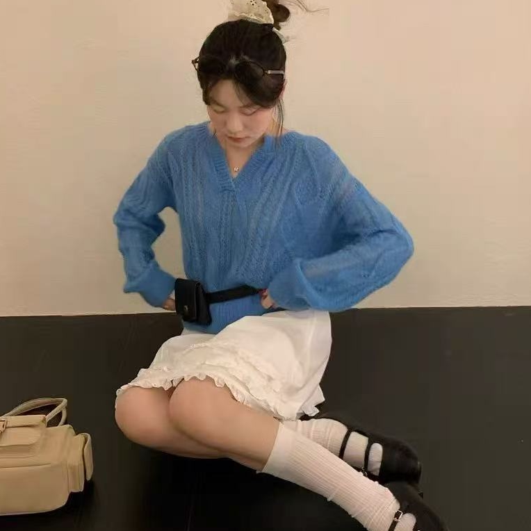 【冰岛恋舞曲】剪刀领麻花菱形镂空春季新款薄款马海针织衫2779