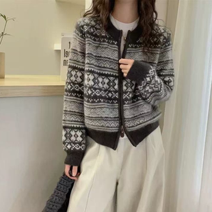 双开拉链针织开衫 小个子短款 北欧费尔岛 2695 挪威森林