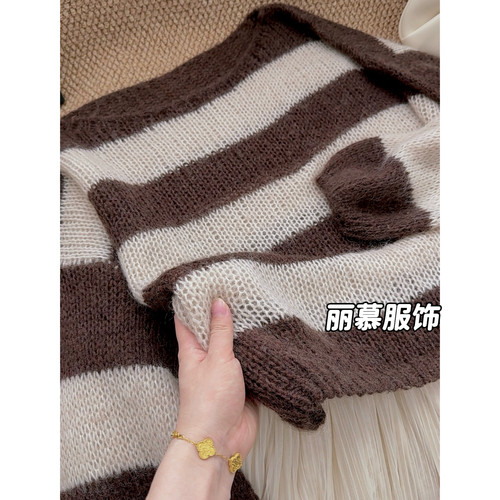 【焦糖叙事】慵懒松弛感宽松撞色条纹短款马海毛针织毛衣3128
